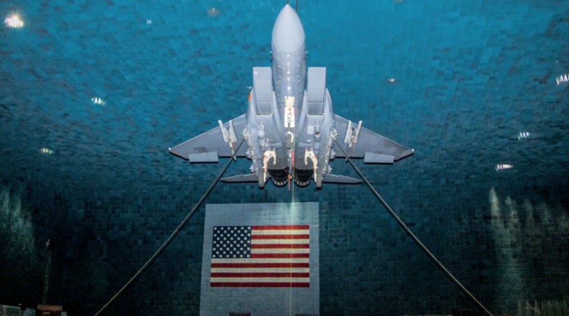 An F-15E Strike Eagle fitted with the EPAWSS electronic defensive aids system in the Benefield Anechoic Facility on Edwards Air Force Base, California.