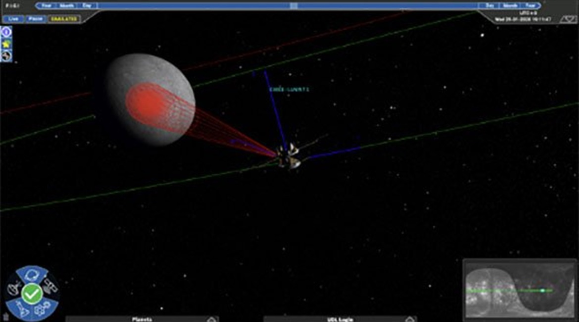 A depiction of a satellite in lunar orbit imaging the lunar surface.