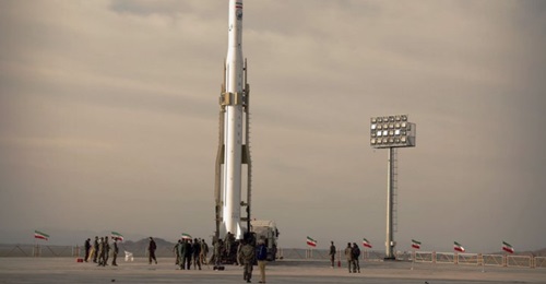 The new Ghased SLV is seen here being erected by a TEL on the launch pad at the Shahrud facility ahead of the apparently successful launch of the Noor-1 satellite.