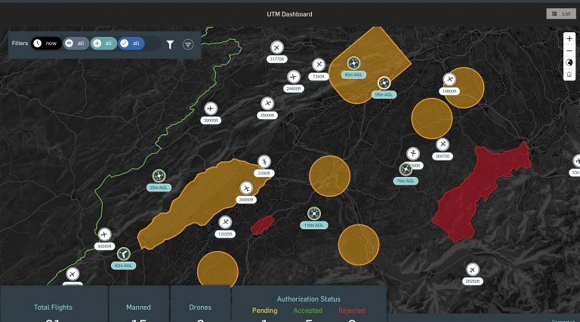 This is a common operational picture including the total number of aircraft within a given airspace using AirMap's autonomous aircraft digital airspace management system. AirMap is offering this system for the USAF's Agility Prime eVTOL procurement as ...