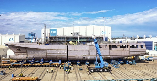 The first Arafura-class OPV being formed up at Osborne Naval Shipyard