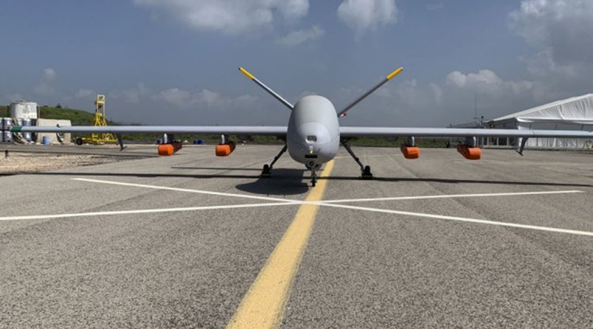 Elbit Systems has introduced a long-range maritime rescue capability with Hermes 900 Maritime Patrol UAV. Four six-person life-rafts can be seen on underwing hardpoints.