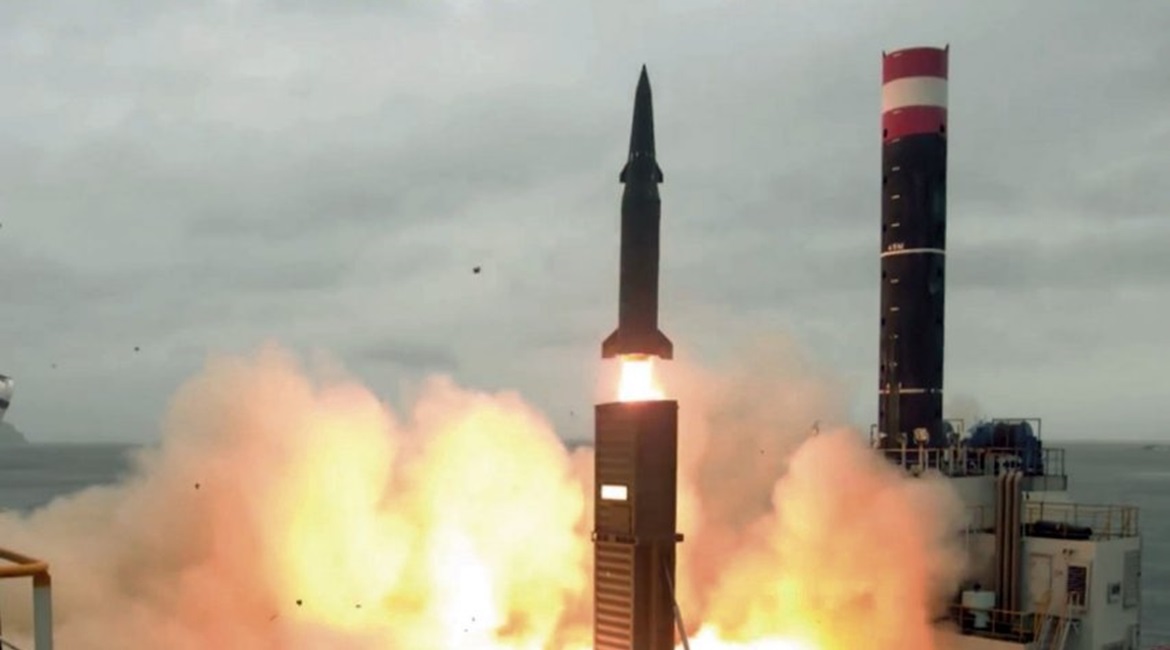 An 800 km-range Hyunmoo-2C ballistic missile being fired from a truck-mounted launcher.