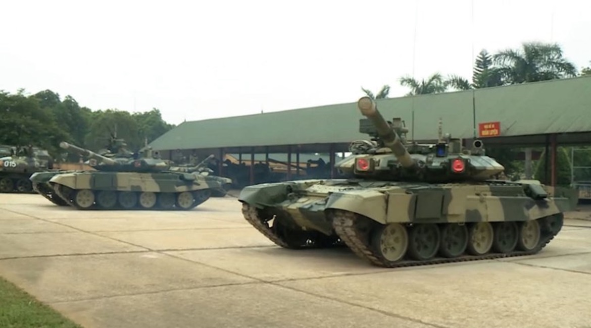 A screengrab from QPVN video footage released on 12 May showing VPA T-90S/SK MBTs equipped with the Shtora-1 active protection system.