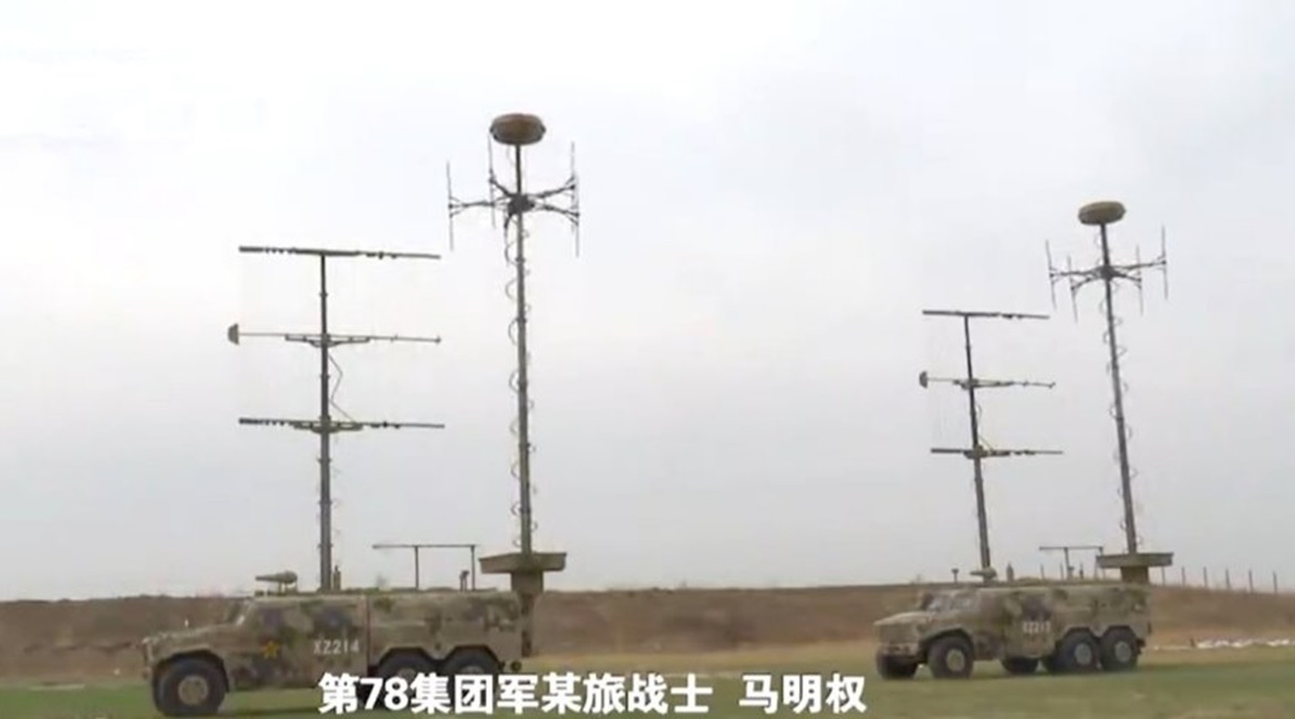 A screengrab from CCTV 7 footage showing several of the PLAGF's new vehicle-mounted EW systems during training exercises with a unit within the PLA's 78th Group Army.