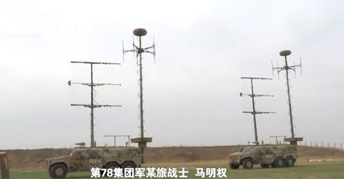 A screengrab from CCTV 7 footage showing several of the PLAGF's new vehicle-mounted EW systems during training exercises with a unit within the PLA's 78th Group Army.