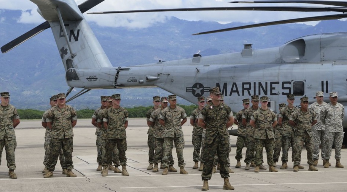 US Marines participate in the 21 June 2019 SPMAGTF-SC opening ceremony at Soto Cano Air Base outside of Comayagua, Honduras.
