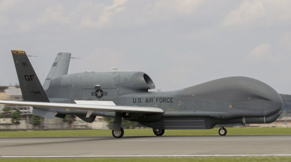 An RQ-4 Global Hawk, assigned to the 319th Operations Group, Detachment 1, Andersen Air Force Base, Guam, lands at Yokota Air Base, Japan, on 30 May. The rotational deployment maintains operations for Global Hawks during months of inclement weather end...