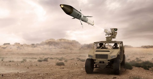Artist's rendering of an APKWS II launch from an Arnold Defense Land-LGR4 'Fletcher' 2.75-inch/70 mm laser-guided rocket launcher for ground vehicles.