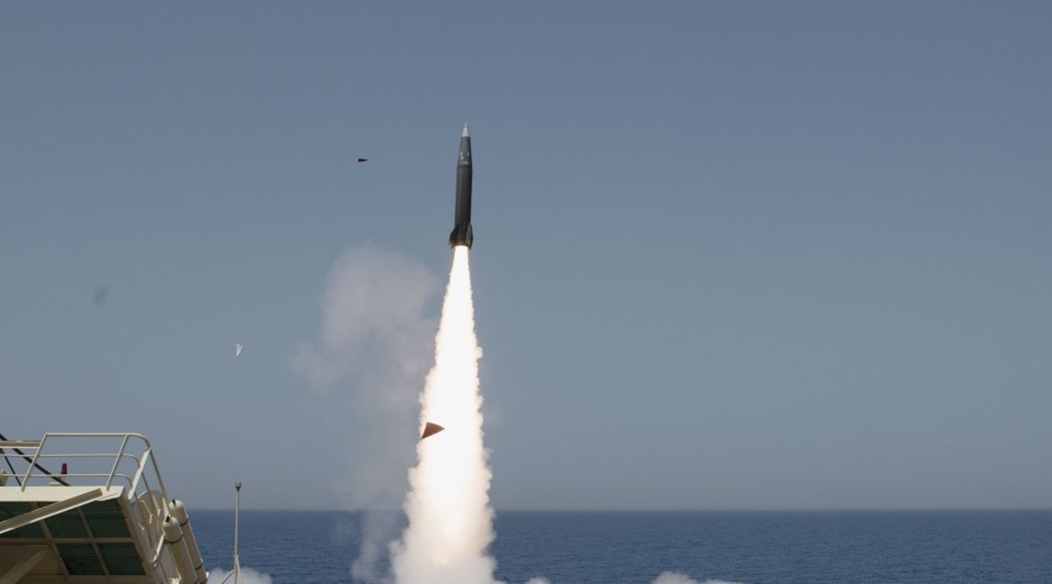 One of the two LORAs is launched from a wheeled launcher embarked on the civilian ship used for the test.