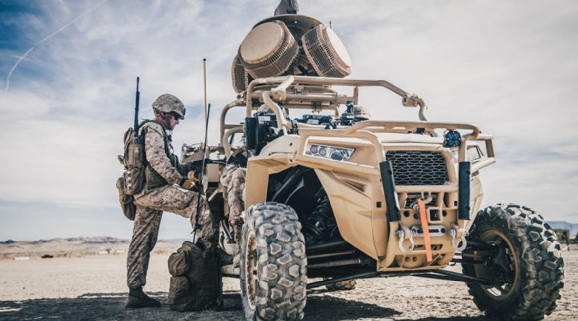 1st Lieutenant Taylor Barefoot programs a C-UAS on a Light Marine Air Defense Integrated System (LMADIS) during a predeployment training exercise at Marine Corps Air Ground Combat Center Twentynine Palms, California in 2018. The service is now moving f...