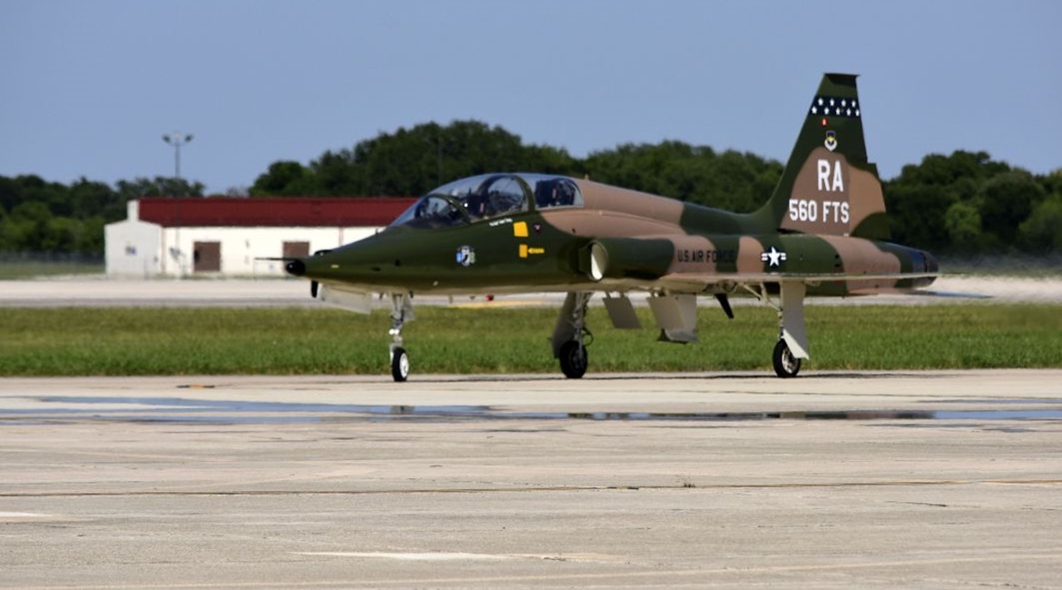 A Northrop T-38C Talon taxis after landing at Joint Base San Antonio-Randolph, Texas, on 17 May 2018. The US Air Force wants to use the Reforge proof of concept to revolutionise advanced flight training, which is currently performed in the T-38C.