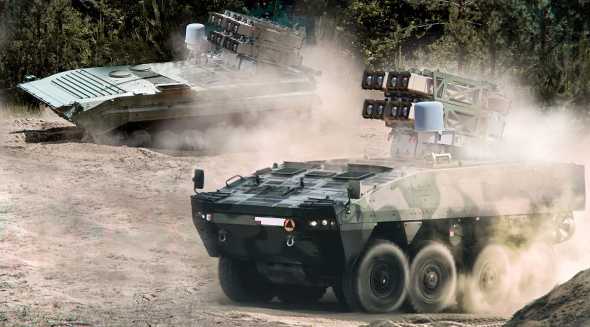 Rafael's Spike NLOS can be integrated into both wheeled and tracked platforms, including Poland's Rosomak 8×8 armoured personnel carrier (foreground) and BWP-1 infantry fighting vehicle (background).
