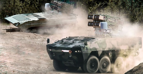 Rafael's Spike NLOS can be integrated into both wheeled and tracked platforms, including Poland's Rosomak 8×8 armoured personnel carrier (foreground) and BWP-1 infantry fighting vehicle (background).