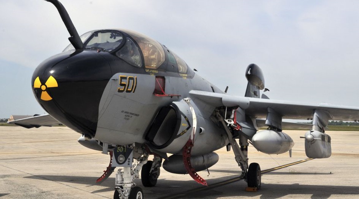 A USMC EA-6B Prowler on display on 15 May 2013. The platform is one of the US Navy's two best performing aircraft in fixed-wing depot maintenance, finishing on average one day ahead of schedule over the past five years. The USMC retired the Prowler in ...
