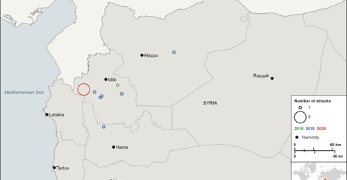 A map depicting incidents of clashes between THD and HTS across northwestern Syria between February 2018 and June 2020.