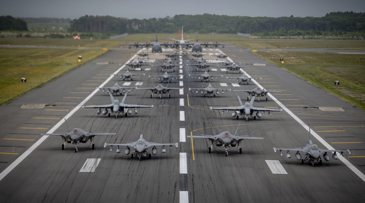 On 22 June 12 USAF F-16CM Fighting Falcons, 12 JASDF F-35As, two USN EA-18G Growlers, a USN C-12 Huron, two USAF MC-130J Commando II and a USN P-8 Poseidon aircraft, along with a JASDF CH-47 Chinook helicopter, participated in the first bilateral 'elep...