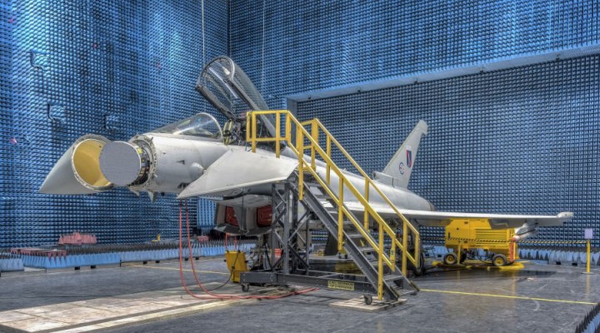 A Eurofighter with a Captor-E radar displayed in the open nose. Airbus has been contracted to develop and integrate an upgraded version for the German and Spanish air forces.