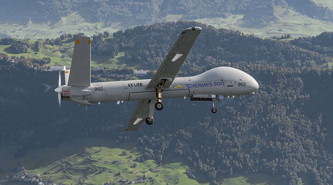 A Hermes 900 MALE UAV during pre-selection trials in Switzerland. The PAF said in late June it is expecting delivery later this year of the final six of nine Hermes 900s ordered from Israel's Elbit Systems.
