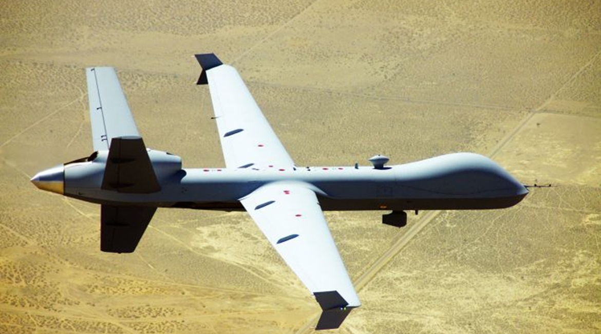A General Atomics Aeronautical Systems Inc (GA-ASI) MQ-9 Reaper Block 5 UAV flies near the company's Gray Butte Flight Operations Center in Palmdale, California, in 2014. The company has developed and demonstrated expanded automatic take-off and landin...