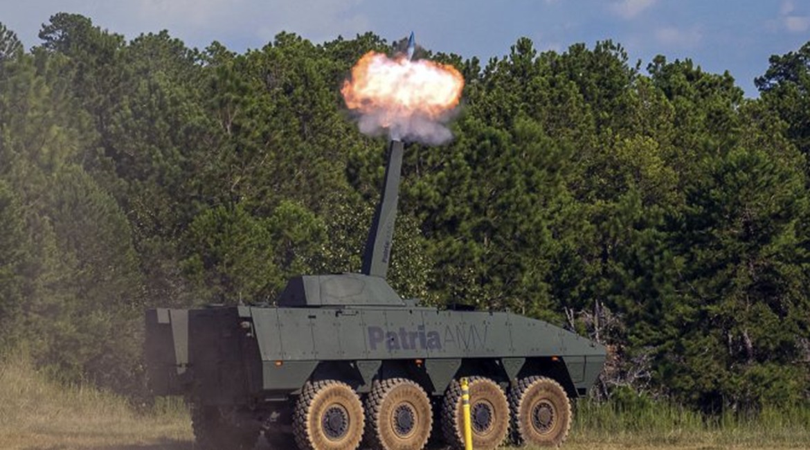 The Patria AMV fitted with a Nemo 120 mm turret-mounted mortar at Fort Benning during a 2019 demonstration. The company is now teaming up with Kongsberg Defence on the 120 mm turret for the US market.