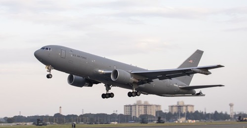 A Boeing KC-46A Pegasus takes off from Yokota Air Base, Japan, on 28 October 2018. General David Goldfein, USAF chief of staff, believes the KC-46A will overcome its troubled development to become an essential platform as did the C-17, which was once t...