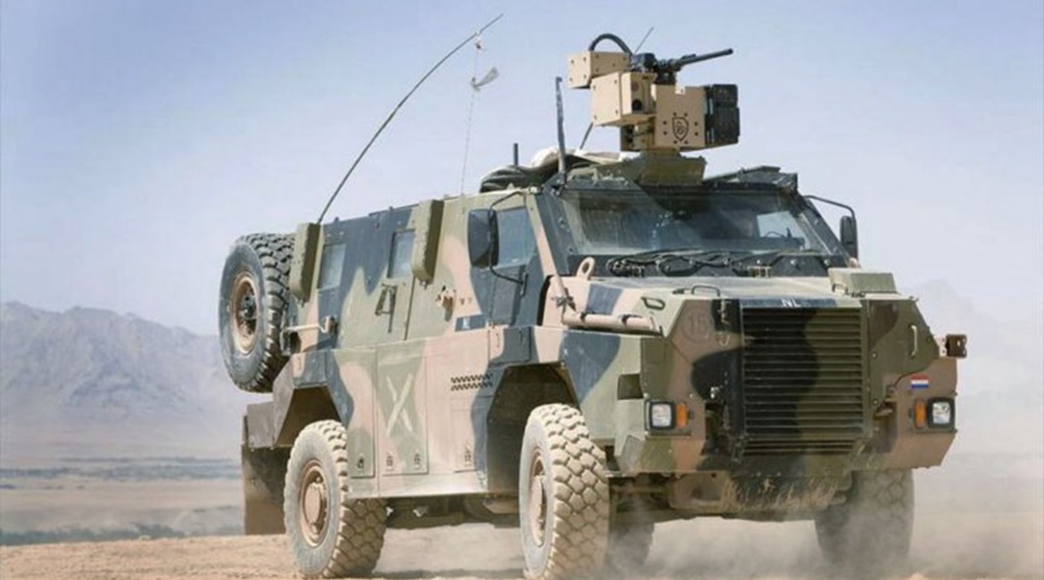 A Royal Netherlands Army Bushmaster vehicle in Afghanistan fitted with an R400 RWS from Australian company EOS. Canberra announced on 2 July that it will acquire 251 RWSs from EOS for fitment on to the Australian Army's Bushmaster and Hawkei vehicles.