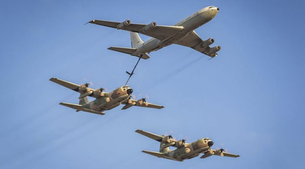 An Israeli 707 tanker offloads fuel to a pair of C-130H Hercules transport aircraft. Since at least 2010, Israel has sourced its aviation and other defence fuel requirements from the United States via the Foreign Military Sales route.