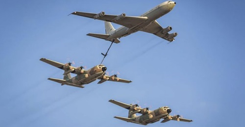 An Israeli 707 tanker offloads fuel to a pair of C-130H Hercules transport aircraft. Since at least 2010, Israel has sourced its aviation and other defence fuel requirements from the United States via the Foreign Military Sales route.