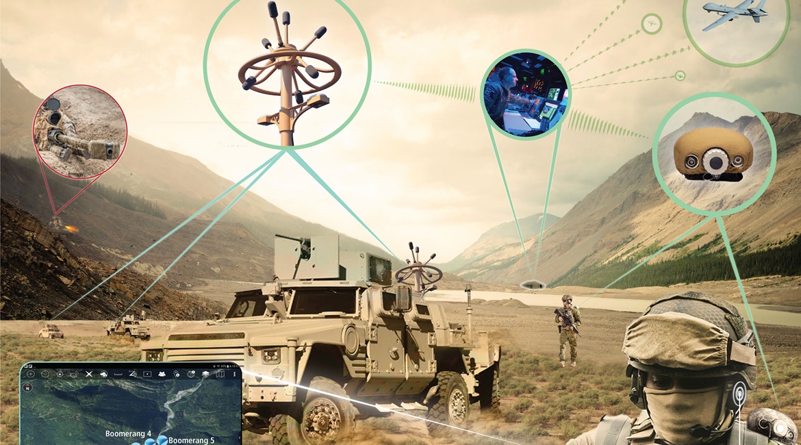 An informational graphic by Raytheon depicting integration of the Boomerang shot detection programme with the US Army's Android Team Awareness Kit.