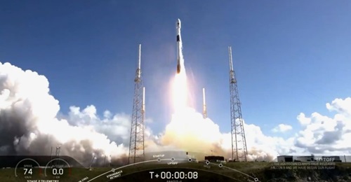 A screengrab from video footage showing the launch of South Korea's first dedicated military communications satellite, ANASIS-II, on 20 July from Cape Canaveral Air Force Station aboard a Falcon 9 two-stage rocket from SpaceX.
