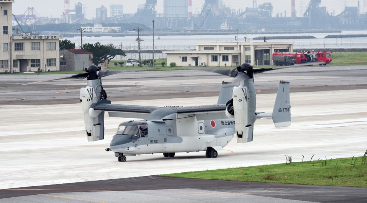 The JGSDF's second Bell Boeing MV-22B Osprey tiltrotor aircraft is seen here shortly after arriving at Camp Kisarazu in Chiba Prefecture on 16 July.
