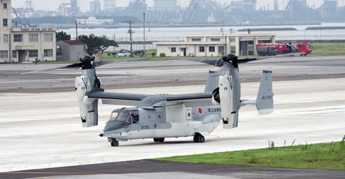 The JGSDF's second Bell Boeing MV-22B Osprey tiltrotor aircraft is seen here shortly after arriving at Camp Kisarazu in Chiba Prefecture on 16 July.