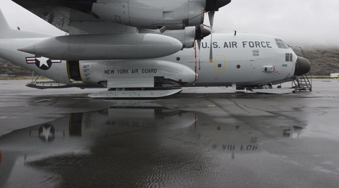 A LC-130H 'Skibird' from the New York Air National Guard's 109th Airlift Wing pictured on a runway in Greenland on 27 June 2016. The USAF is modernising its fleet of LC-130H aircraft as the aircraft is essential for accessing the Arctic, a growing regi...