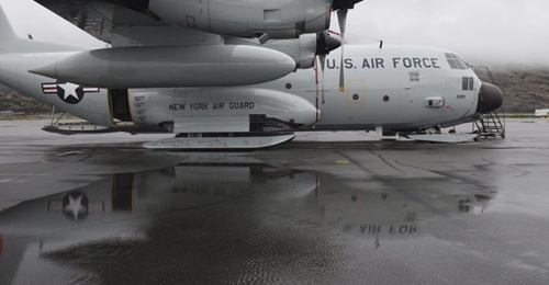 A LC-130H 'Skibird' from the New York Air National Guard's 109th Airlift Wing pictured on a runway in Greenland on 27 June 2016. The USAF is modernising its fleet of LC-130H aircraft as the aircraft is essential for accessing the Arctic, a growing regi...