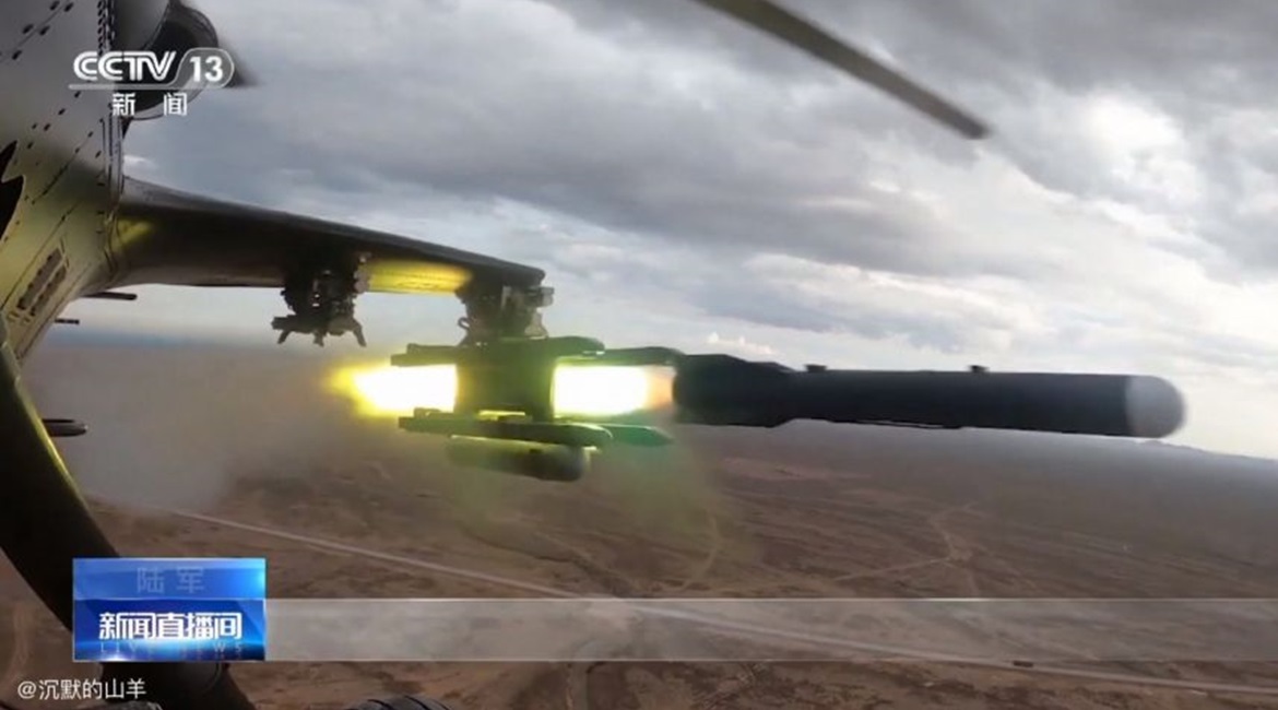 A screengrab from CCTV 13 footage showing what appears to be a new ASM being fired from a Chinese Z-10 attack helicopter at an undisclosed location.