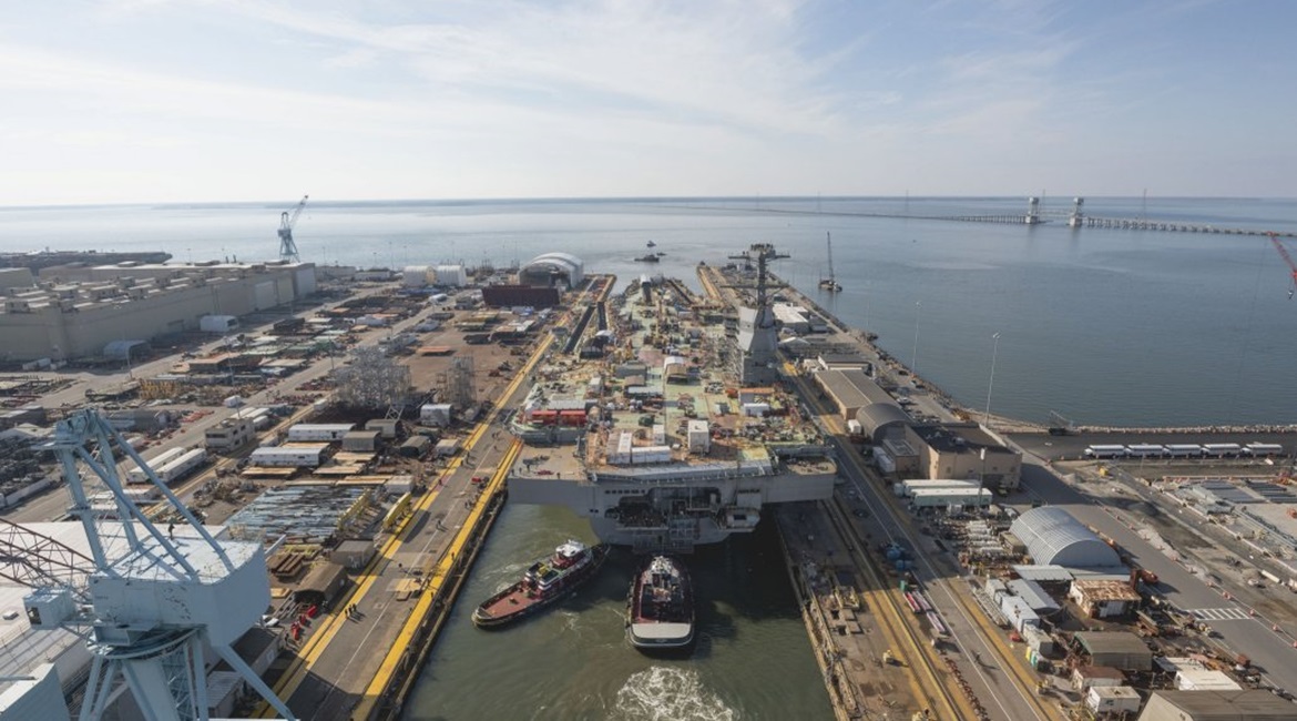 Newport News Shipbuilding is nearly three-quarters complete with the building of aircraft carrier 
        
         which was launched in December.