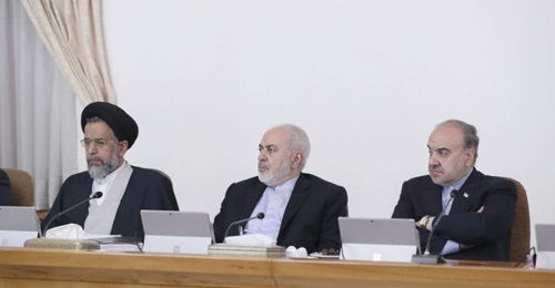 Iranian Minister of Intelligence Seyyed Mahmoud Alavi (left) attends a cabinet meeting alongside Minister of Foreign Affairs Mohammad Javad Zarif (centre) and First Vice-President Eshaq Jahangiri (right) in Tehran on 8 January 2020. Despite the greater...