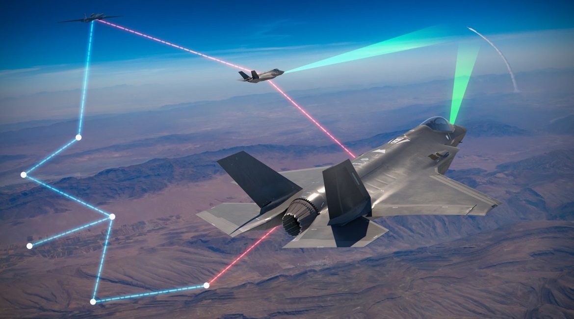 Artist's illustration of F-35s providing ISR track data to a U-2 aircraft (top) communicating to queue existing missile defence systems to engage an incoming threat.