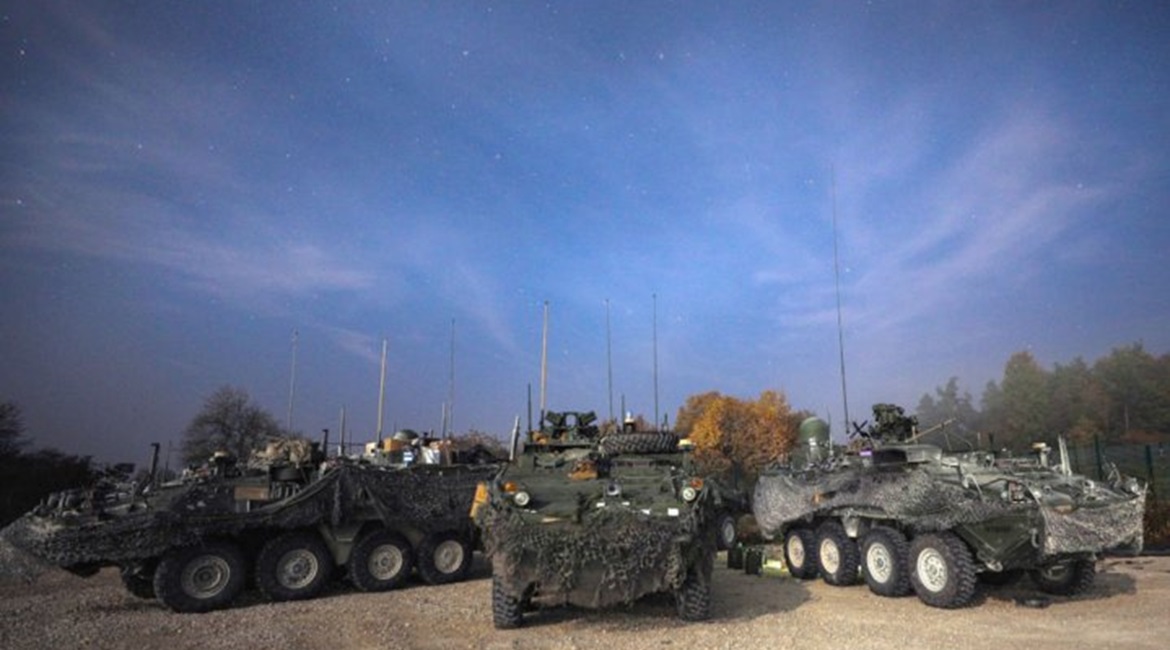 Stryker Infantry Carrier Vehicles make up the tactical action centre for the 2nd Cavalry Regiment during Dragoon Ready in Hohenfels, Germany, in 2018. Industry has until 24 August to deliver its MCWS proposals to the US Army.