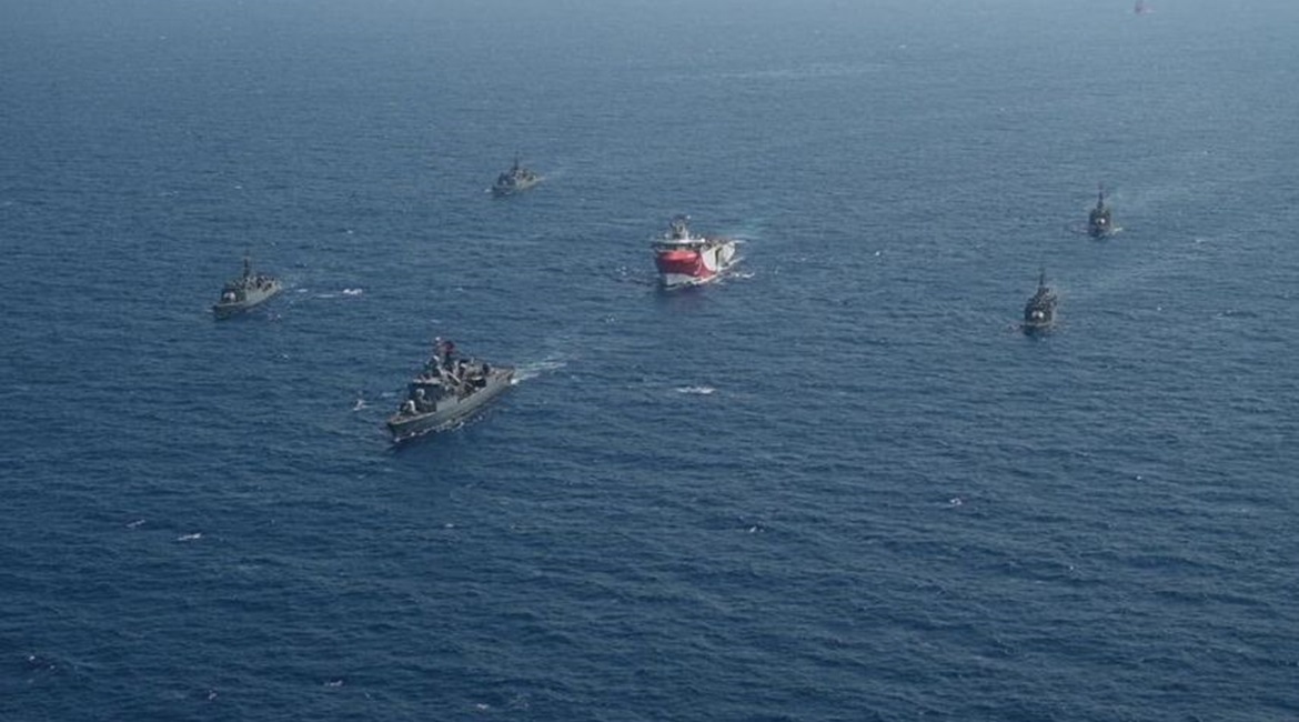 The Turkish survey vessel Oruç Reis is pictured being escorted by Turkish Navy vessels in the eastern Mediterranean on 10 August.