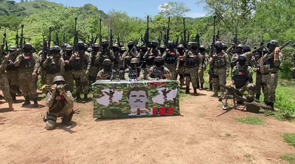 Members of the CJNG demonstrate their firepower in a video released on 18 July 2020. The video contained threats directed at José Antonio Yépez Ortiz (alias 'El Marro'), the then-leader of the Santa Rosa de Lima Cartel, a competitor of the CJ...