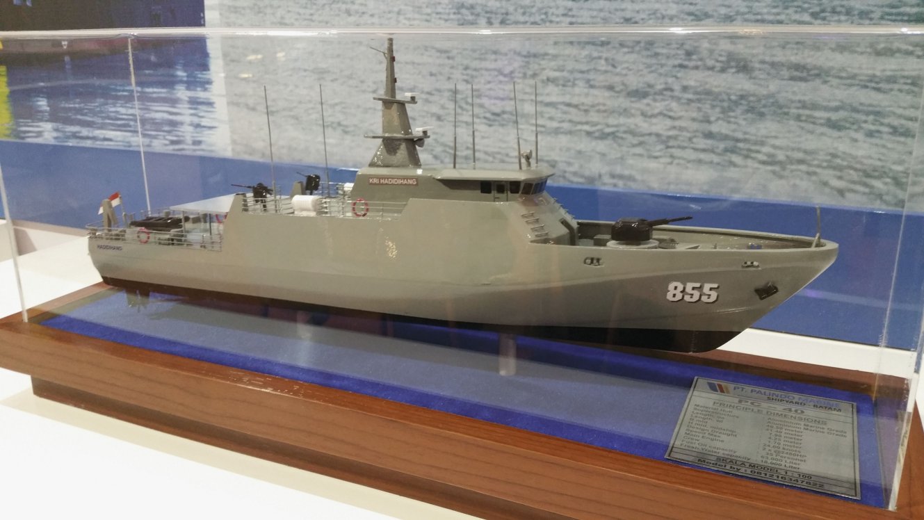 A model of the PC-40-class patrol vessel, similar to the pair launched by PT Karimum Anugrah Sejati on 24 August 2020. (Janes/Ridzwan Rahmat)