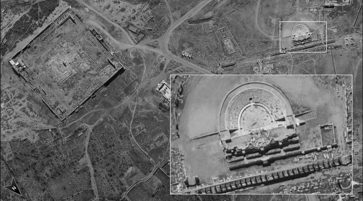 The IMOD said this image of the Temple of Bel and Roman Theatre at Palmyra was taken by the Ofek 16 satellite that was launched on 6 July.