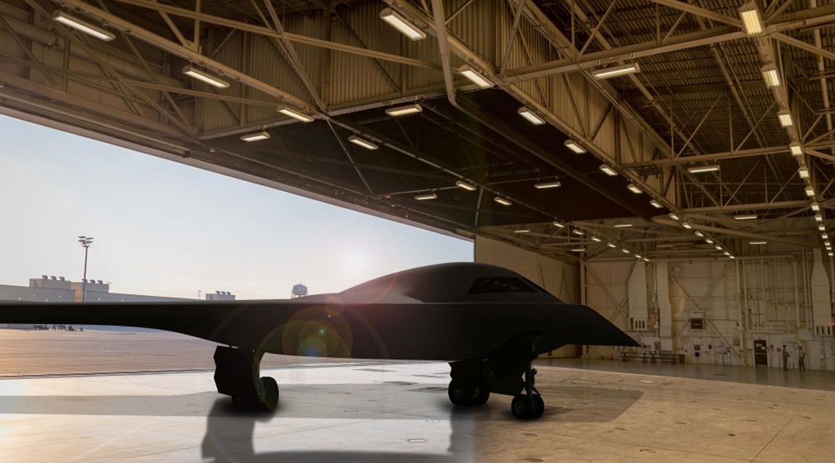 Artist's rendering of a B-21 concept in a hangar at Whiteman Air Force Base in Missouri. The USAF has delayed the first flight of its B-21 to no earlier than 2022 after previously targeting late 2021.