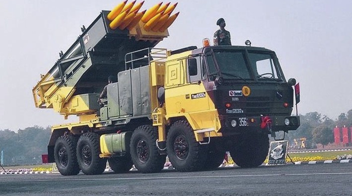 A Pinaka MBRL system. The Indian government announced on 31 August that it placed an order for six regiments' worth of the system for the Indian Army.