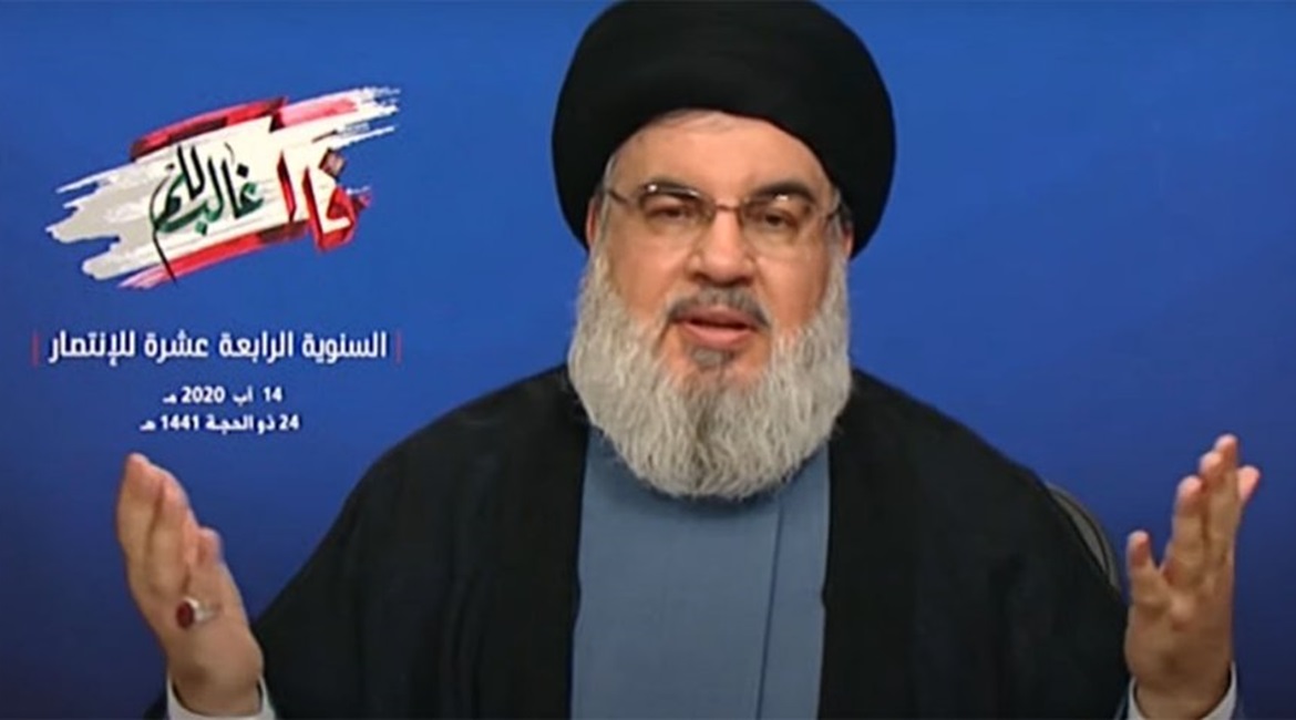 Hizbullah Secretary General Hassan Nasrallah during his speech on 14 August 2020.