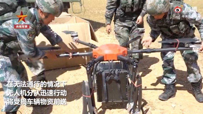 A screengrab from CCTV footage released on 10 September showing one of the six-rotor UAVs operated by the PLA’s Tibet Military District being prepared for take-off. (CCTV)