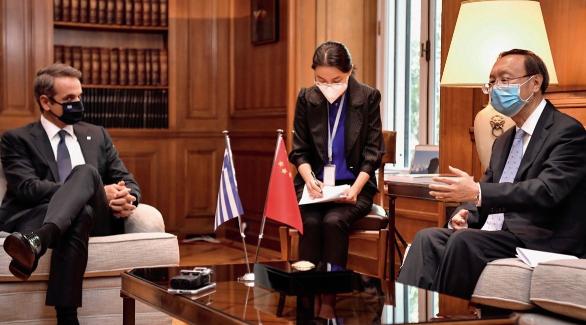 Director of the Central Foreign Affairs Commission of the Chinese Communist Party Yang Jiechi (right) meets Greek Prime Minister Kyriakos Mitsotakis (left) in Athens on 4 September 2020. In Europe, China's Belt and Road Initiative has found particular ...