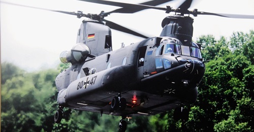 A Chinook helicopter mocked-up in Luftwaffe markings was displayed at the Berlin Airshow in 2018. Boeing is competing against Lockheed Martin Sikorsky-Rheinmetall for Germany's Schwerer Transporthubschrauber (STH) heavy-lift helicopter requirement.